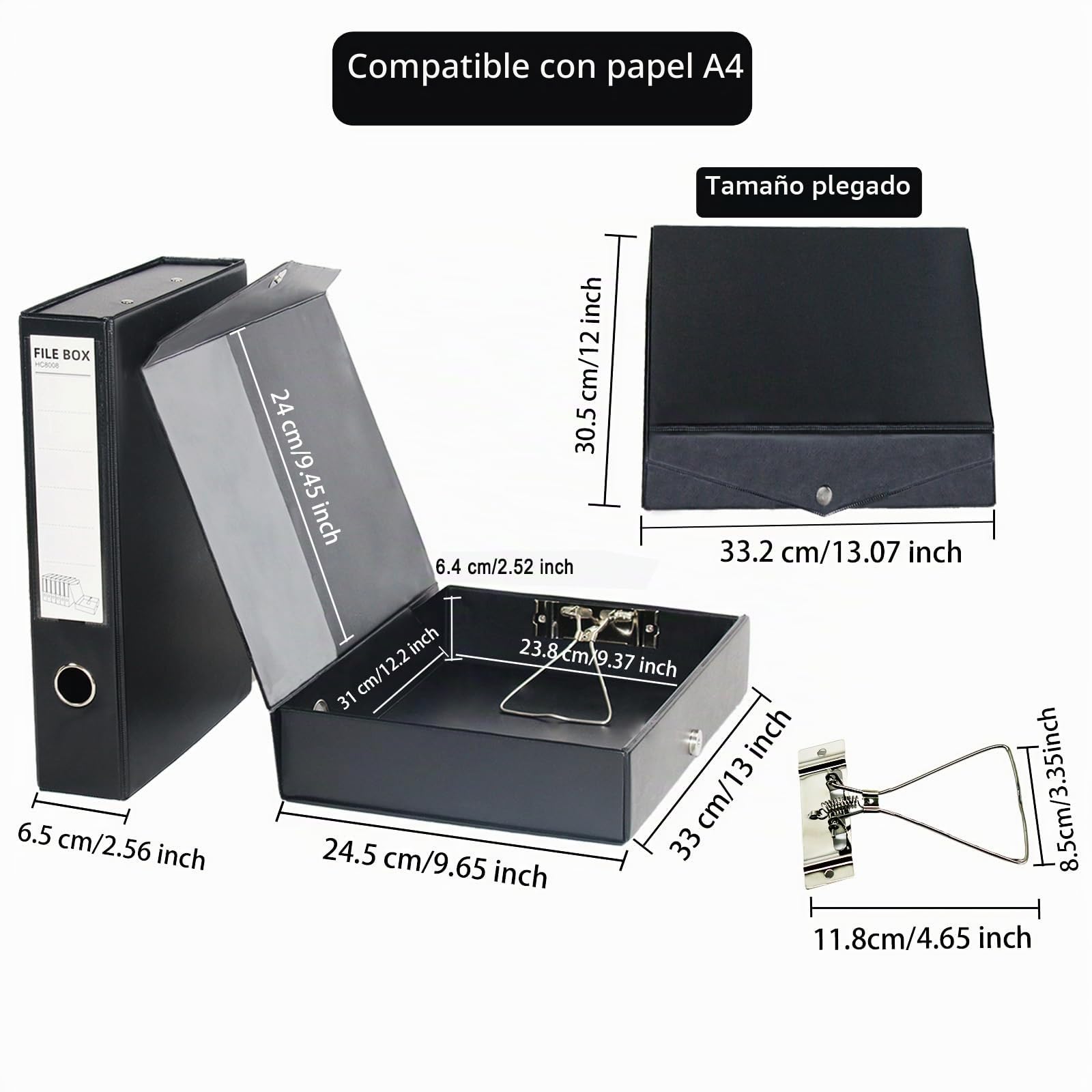 6 Piezas Cajas de Archivos con Pinza,Lomo 65 mm,Negro | Caja Archivador,Caja de Documentos A4 para Oficina