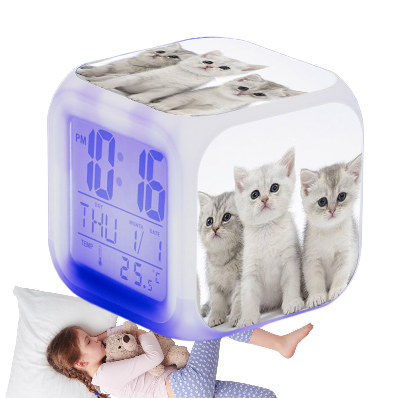Cute Cat Clock for Kids Room Gentle Up Soothing Night Light Large LED Alarm Screen Clear Time View