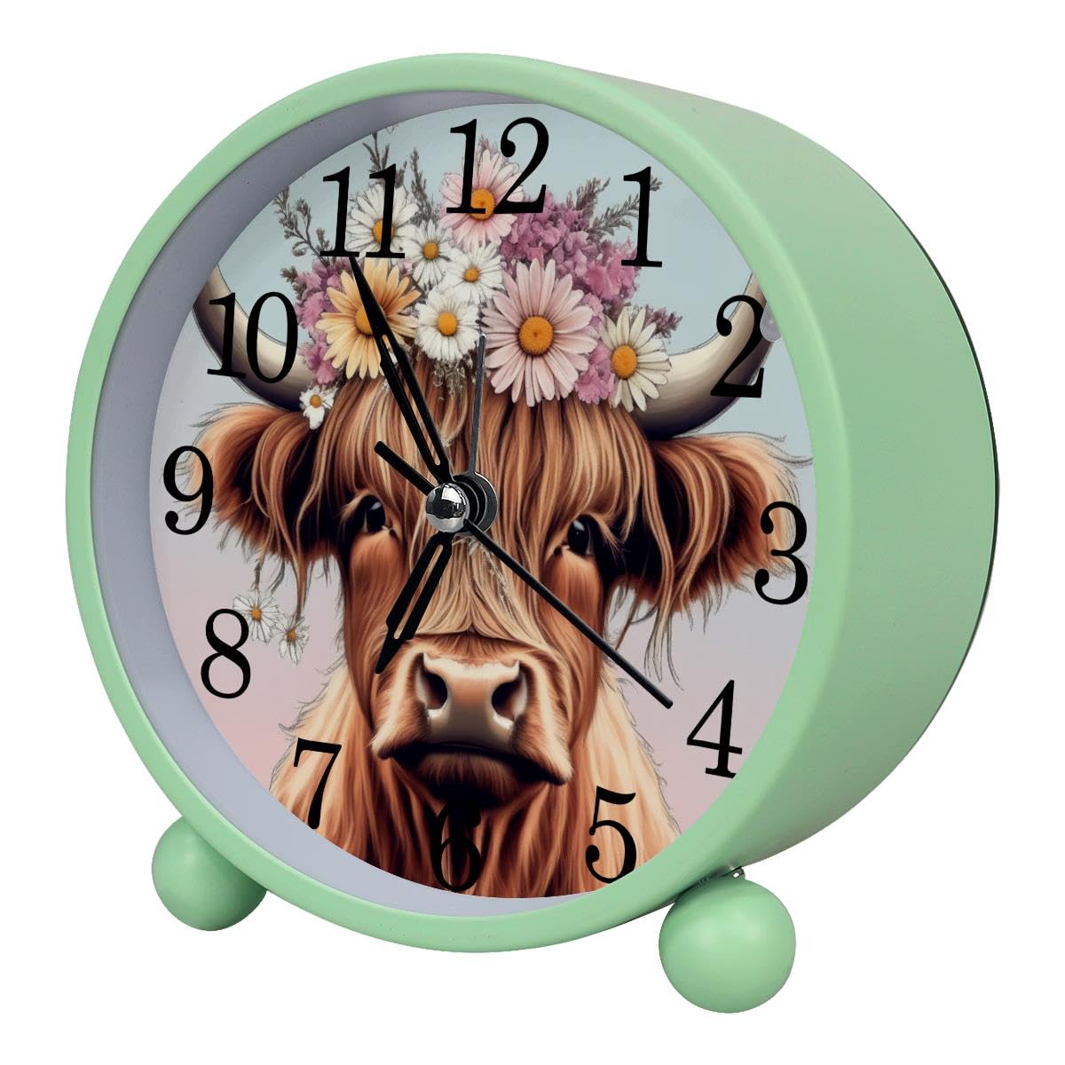 Luoweisi Alarm Clock Highland Cow Daisy, Silent Non-Ticking with Night Light, Round Metal Alarm Clock for Office, Battery Operated, Bedroom, Elderly, Adults, Children, Student Gifts