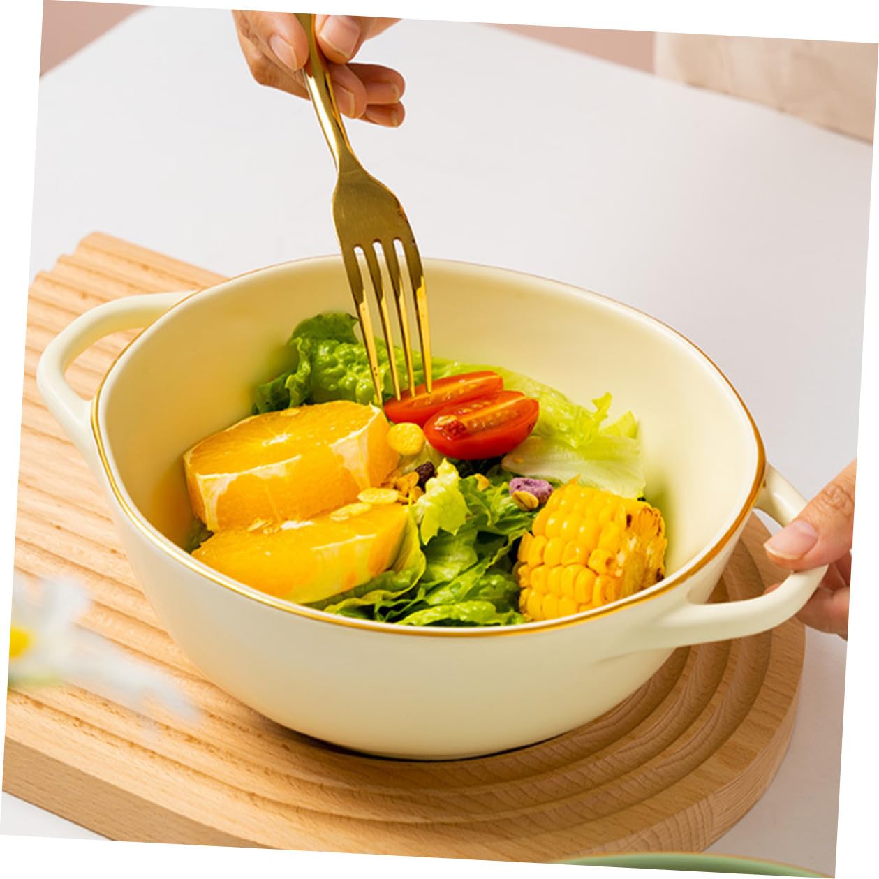 BESPORTBLE Tazón de Cerámica para Horno Doble Asa, Resistente a Altas Temperaturas, Color Beige Claro, para Sopa y Ensalada, Uso Doméstico y Restaurante, Fuente para Servir Versátil