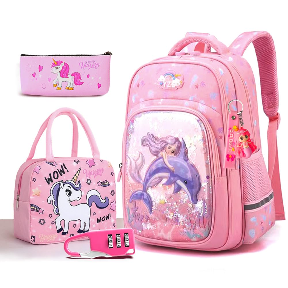 CHENGXiYANG Kids Backpack Set with Lunch Box And Pencil Case Anti-Theft Combination Lock Toddler Backpack Mermaid 3D Printed Girls Backpack Kids