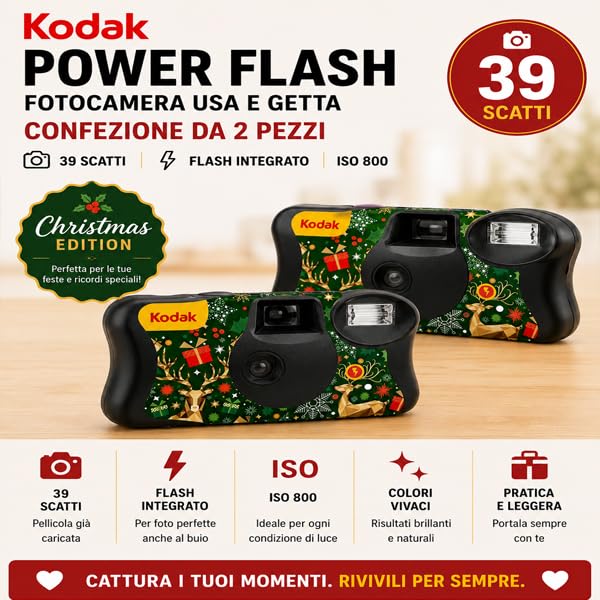 Confezione da 2 Fotocamere Usa e Getta Kodak Christmas Edition con Flash Integrato, 39 scatti ISO 800 - Ideali per Natale, Regali, Feste, Eventi e Famiglia