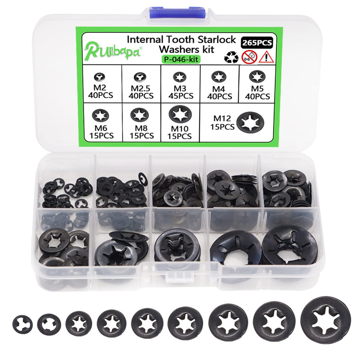 Ruipaba 265 PCS Internal Tooth Star Lock Washers 9 Size Push On Locking Washers Speed Clips Fasteners Assortment Kit