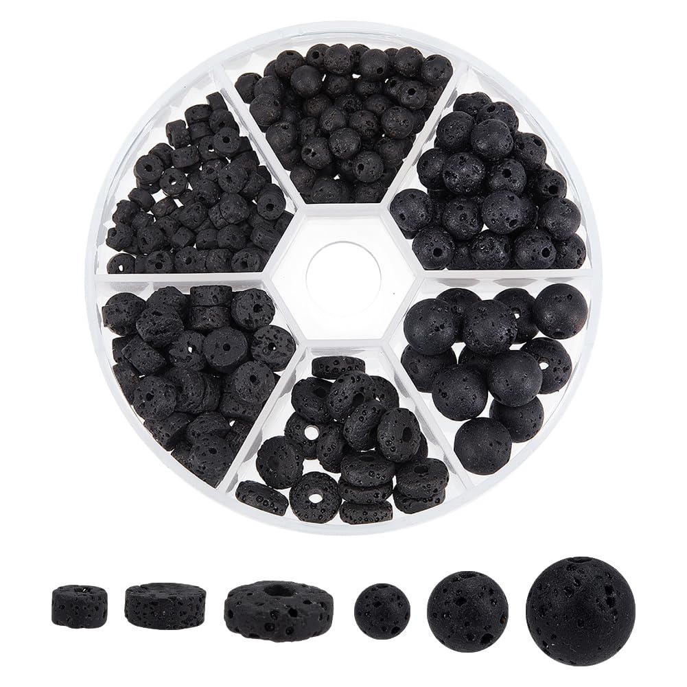 OLYCRAFT 240Pcs 6 Styles 4~8.5mm Natural Lava Rock Beads Flat Round Volcanic Lava Beads Black Chakra Rock Beads Round Loose Gemstone Beads Energy Stone for Bracelet Jewelry Making DIY Crafts