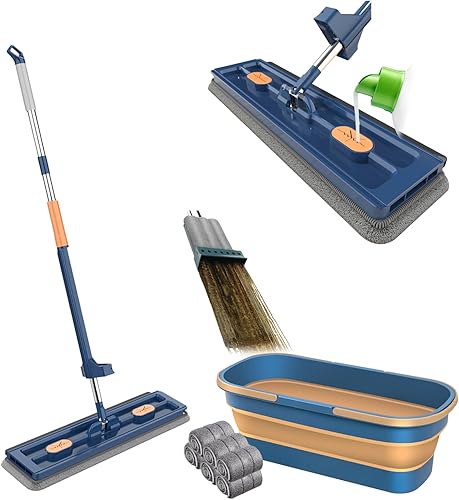 Juego de trapeador plano grande y cubo plegable para trapeador automático Trapeador mágico de 360 grados con escobilla + cubo plegable grande de 12