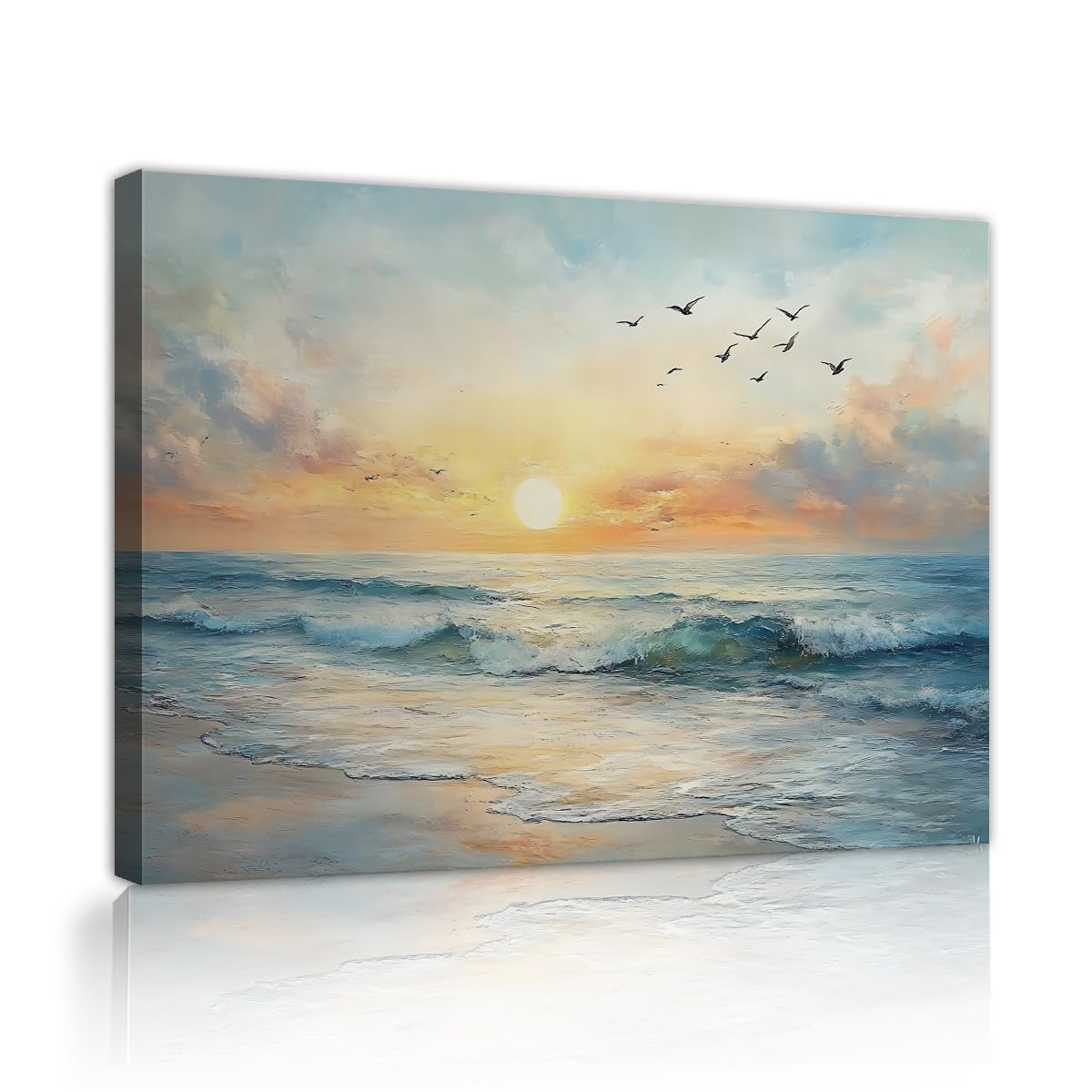 CHERHERART Seaside Sunset Canvas Wall Art Ocean Waves Seagulls Picture Prints Sea Landscape Beach View Canvas Poster for Living Room Bedroom 30x40cm Innerframe