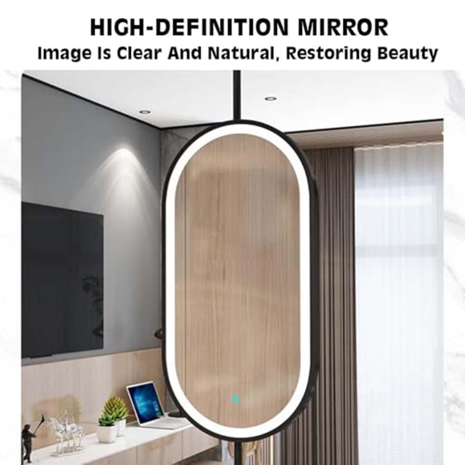 Deckenhängender Spiegel mit Beleuchtung, ovaler Metall-Deckenspiegel, HD-Schminkspiegel, für Badezimmer, Waschraum, Rasur (Ausleger anpassbar) (Schwarz, 60 x 100 cm)