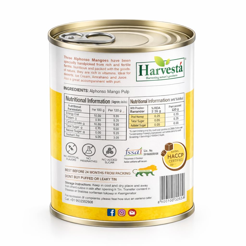 Harvesta Hand-Peeled Alphonso Mango Pulp 850g | Natural Mango Pulp for Aamras, Shakes, Smoothies, Ice Creams & Desserts | Ideal for Beverages, Sweets & Cooking | Everyday Kitchen Use.