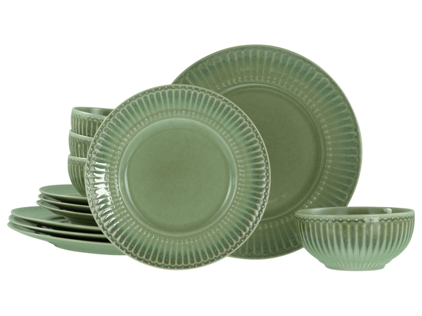 CreaTable, 24493, Serie Celadon Grün, 12-teiliges Geschirrset, Teller Set aus Steinzeug, spülmaschinen- und mikrowellengeeignet, Qualitätsproduktion