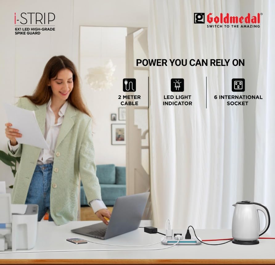 Goldmedal i-Strip 6 Universal Sockets LED Spike Guard 2m Extension Cord