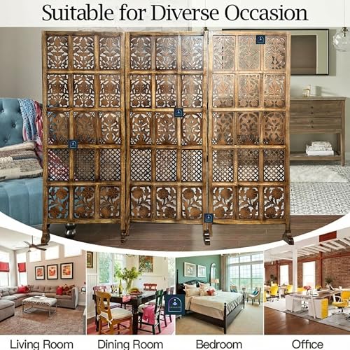 Image of Wooden Room Partition /Screen /Room Divider /Room Separator Burnt Wood Finish (Hand Buffing) Frame Traditional Handicrafts 6Ft Height (30 Inches Width 3 Panel)