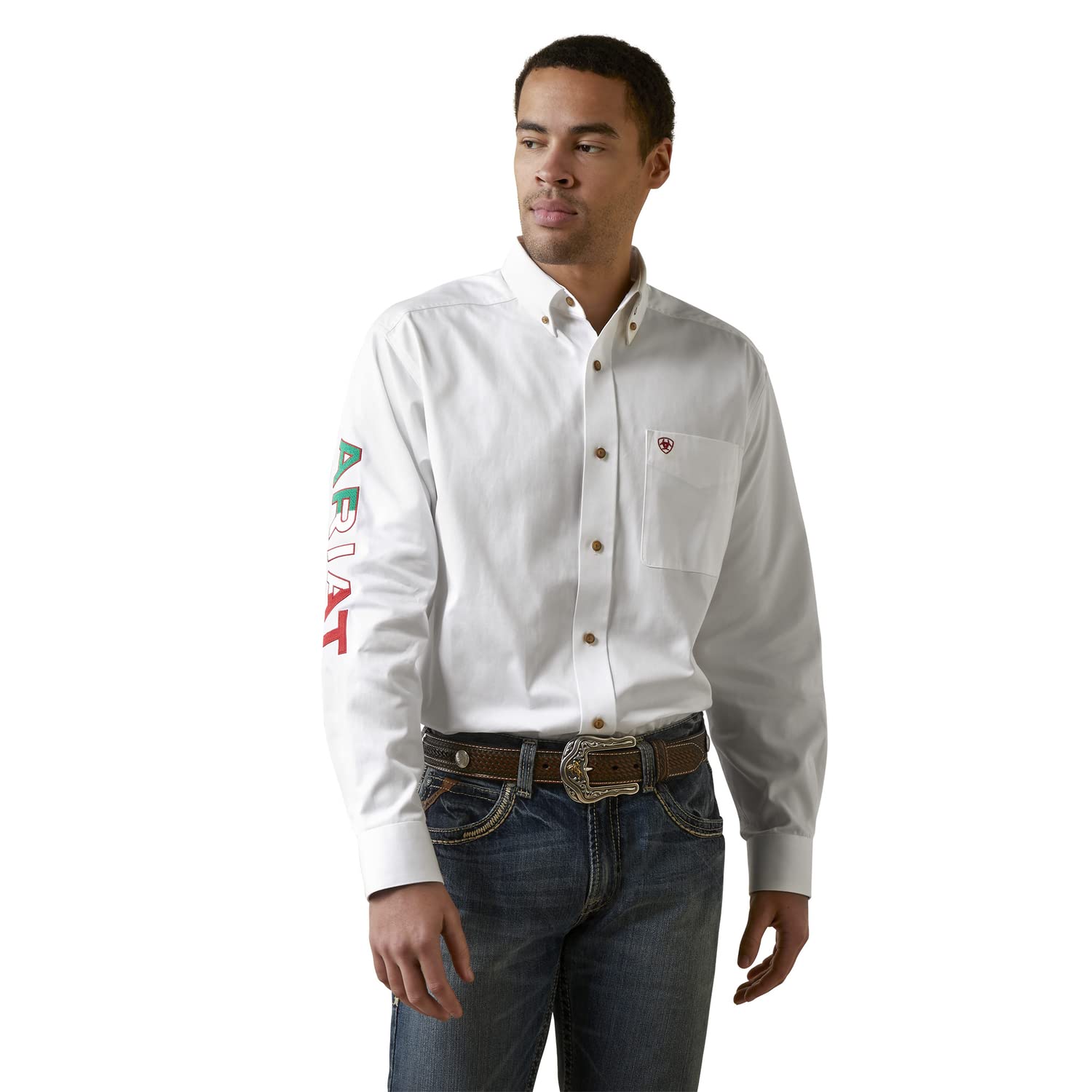 ARIAT Men's Team Logo Twill Classic Long White Mexico Button Down Shirt