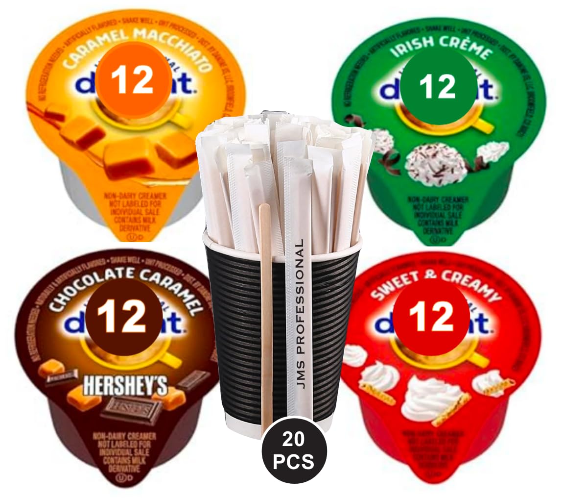 Coffee Creamer Singles Variety Pack Packaged by JMS PROFESSIONAL, Intearnational Dealight Mini Coffee Creamer & Mini Moo's 4 Flavor Assortment (48 Pack) for Home, Office, Coffee, Bar, Gift