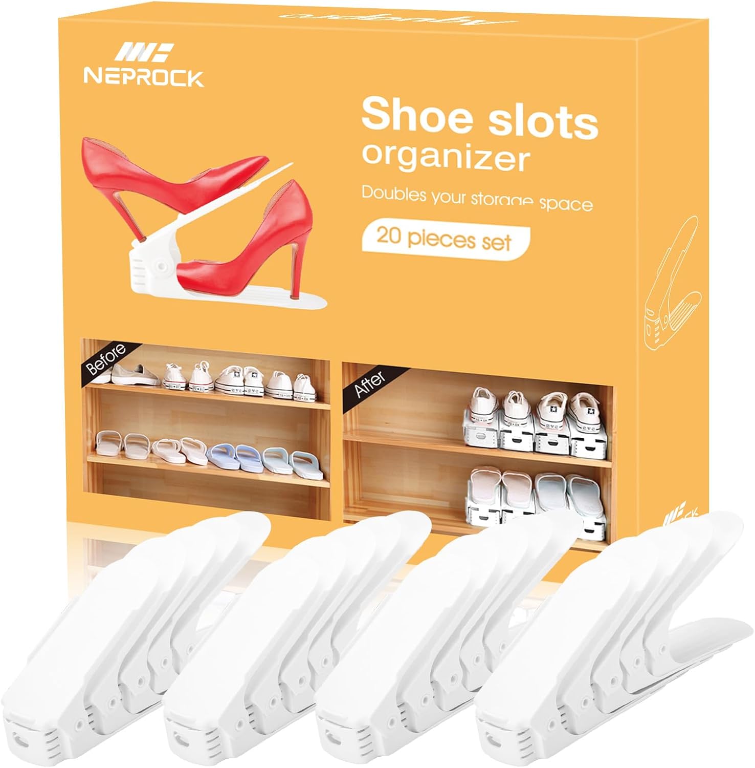 Neprock Shoe Slots Organizer 20 Pack Adjustable Rack White