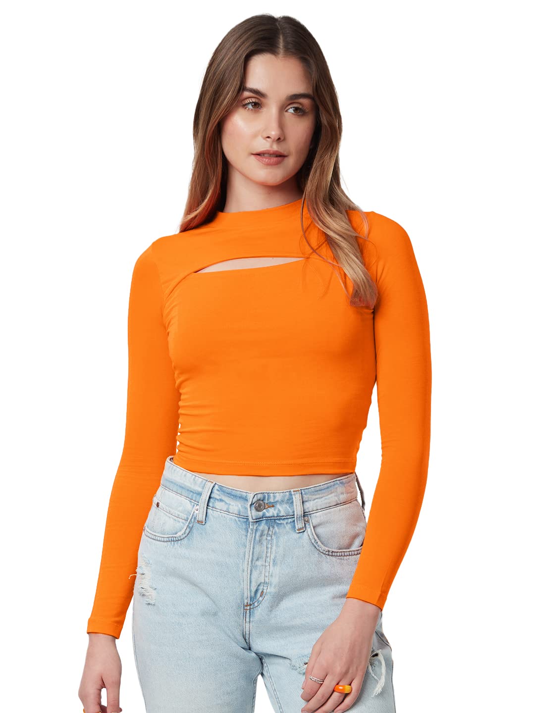 The Souled StoreSolid Cut Out Women and Girls Long Sleeve Round Neck Cotton Blend Slim Fit Crop Tops