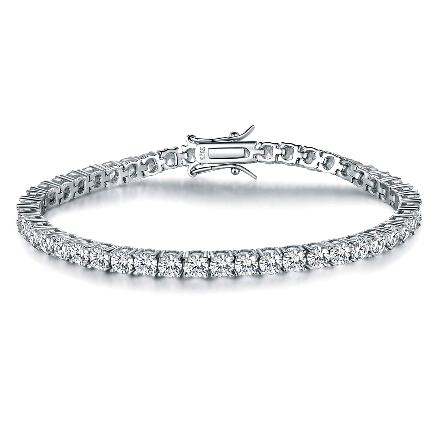 GEMSMEGMESME 925 Sterling Silver White Gold 3mm Round Cubic Zirconia/ Moissanite Classic Tennis Bracelet 6-8.5 inch