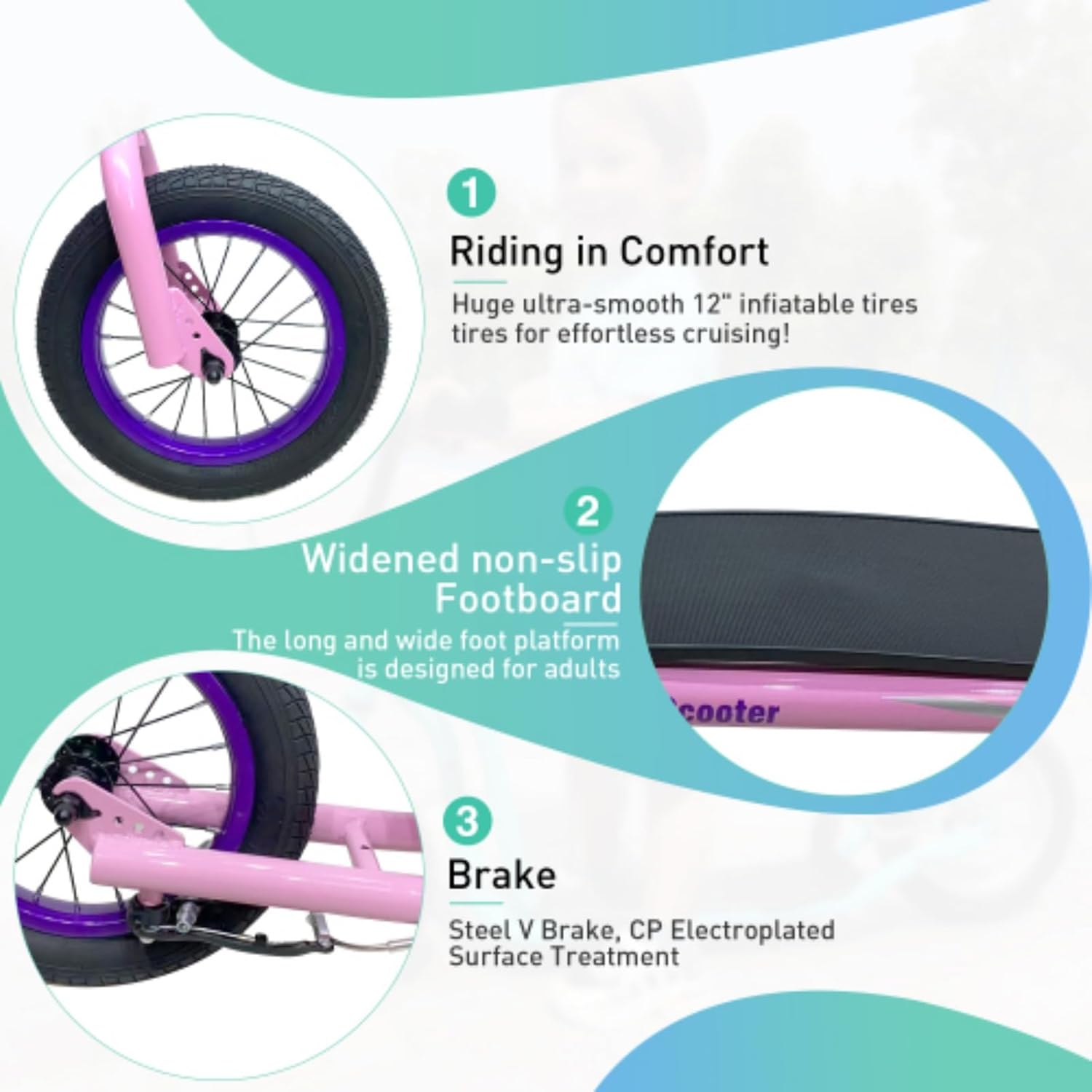Children's Scooter with Adjustable Handlebars, 12-inch Pneumatic Tires, Widened Non-Slip Pedals, and Brakes. Suitable for Children Over 6 Years Old