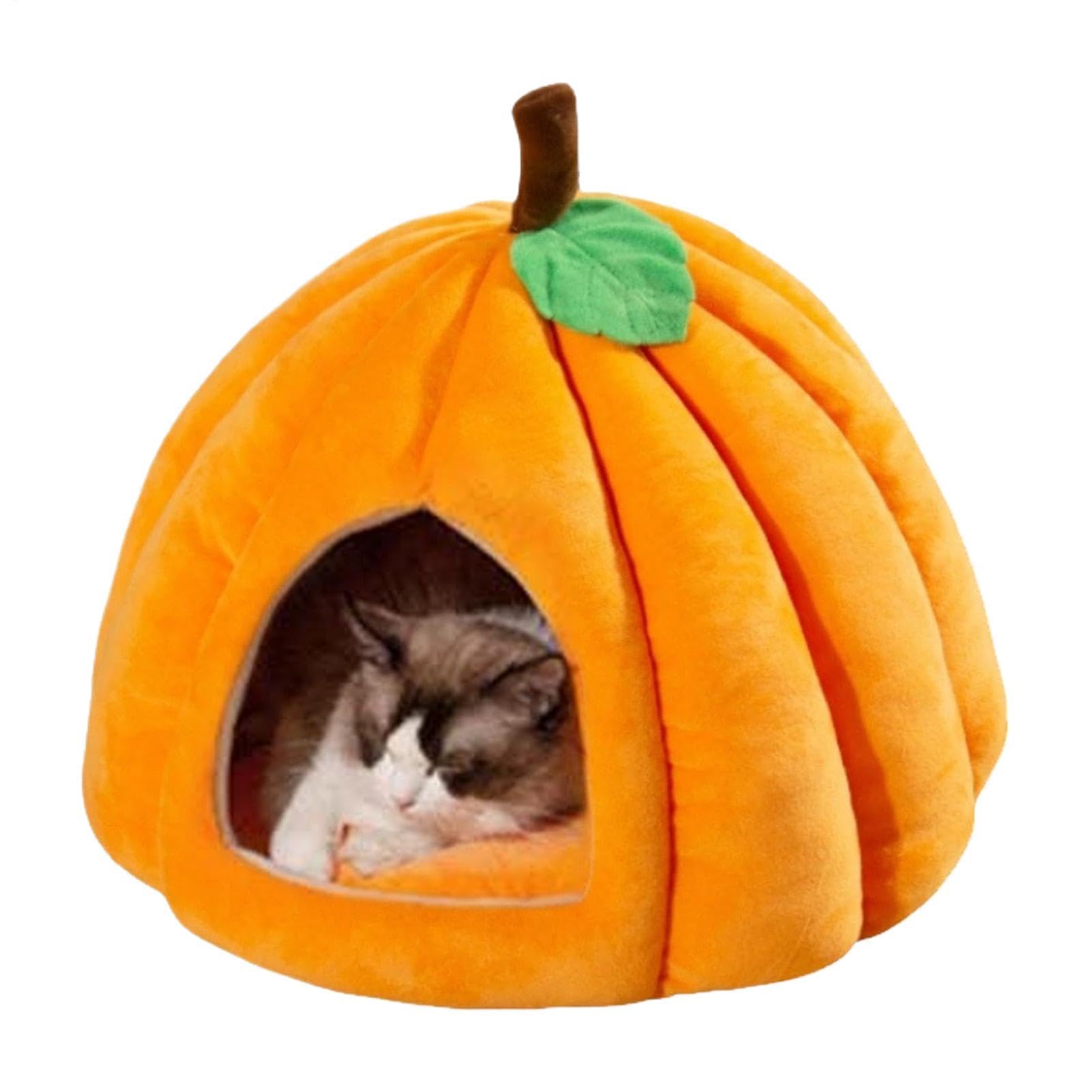 Cama cueva para gatos en forma de calabaza de peluche con cojín desenfundable para el salón