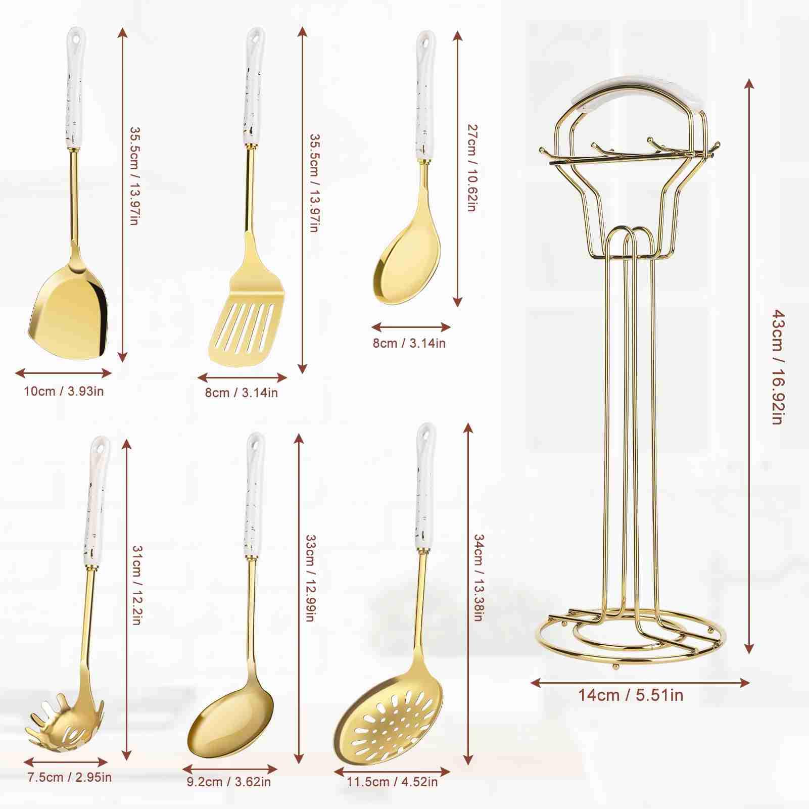 Hapvida Juego de utensilios de cocina, utensilios de acero inoxidable con mangos de cerámica, incluye espátula, cuchara, cucharón, triturador, espumadera, prensa de ajo, estante