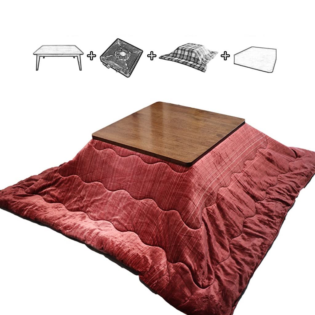 Set da Tavolo in Legno Giapponese Kotatsu con riscaldatore e Coperta, Tappetino, Tavolo da tè da tè riscaldato Set di trapunti futon di 4 per la casa e la casa Inverno, Quadrato, Rosso