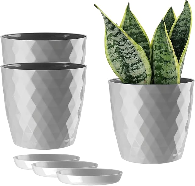 ORTEN Plant Pot Indoor Plastic Flower Pots with Saucer All House Plants, Herbs, Cactus, Orchid, Succulents Set of 3 (Ø 16cm (6.30 in), Grey)