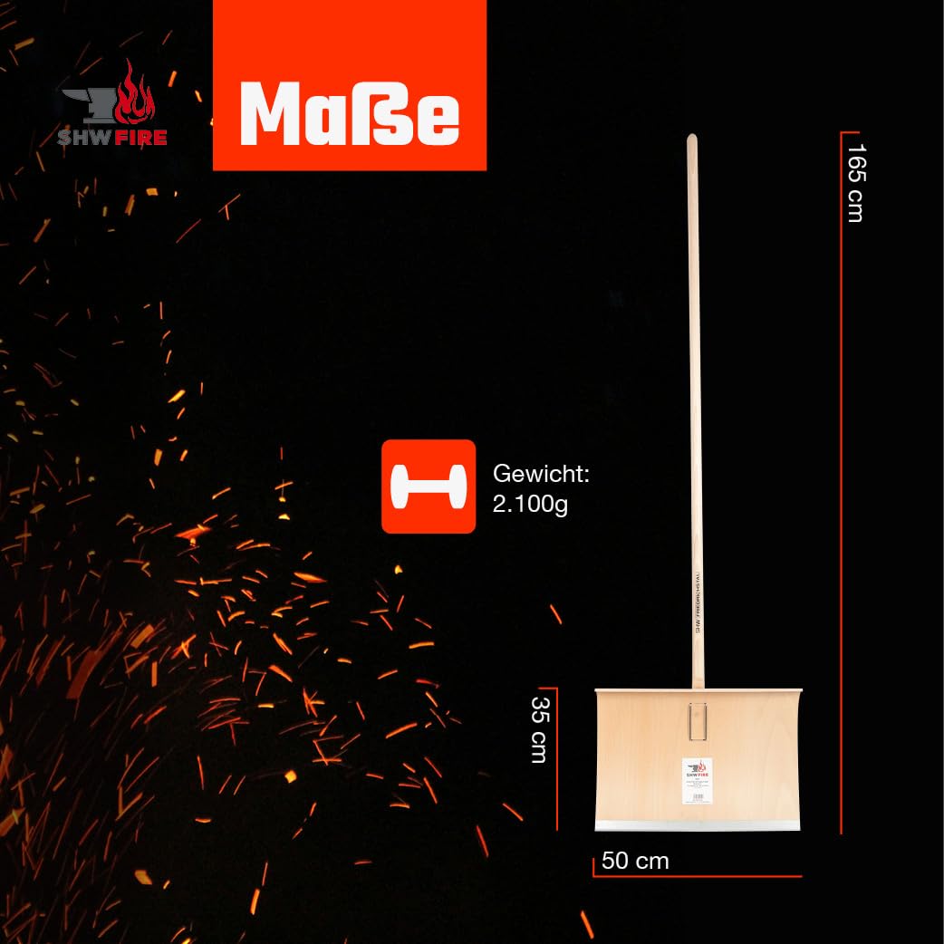 SHW-FIRE | Schneeschieber mit 50cm Schaufel und 150 cm Ovalstiel, Schaufel mit 5-Fach verleimtem Sperrholz mit Aluminium-Schutzkante Premium Schneeschaufel mit Buchenholzstiel | Made in Germany