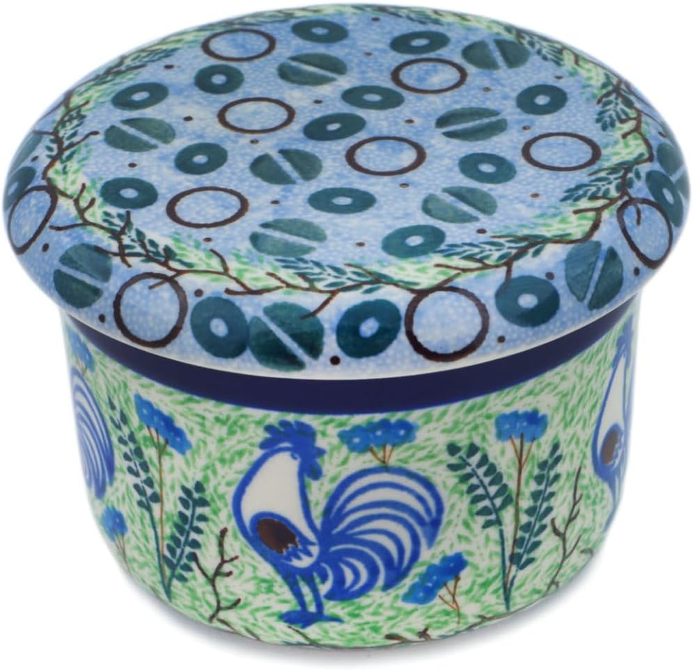 Polmedia Polish Pottery French Butter Dish UNIKAT - Blue Rooster Pattern Handmade in Boleslawiec Poland by Ceramika Artystyczna + Certificate of Authenticity