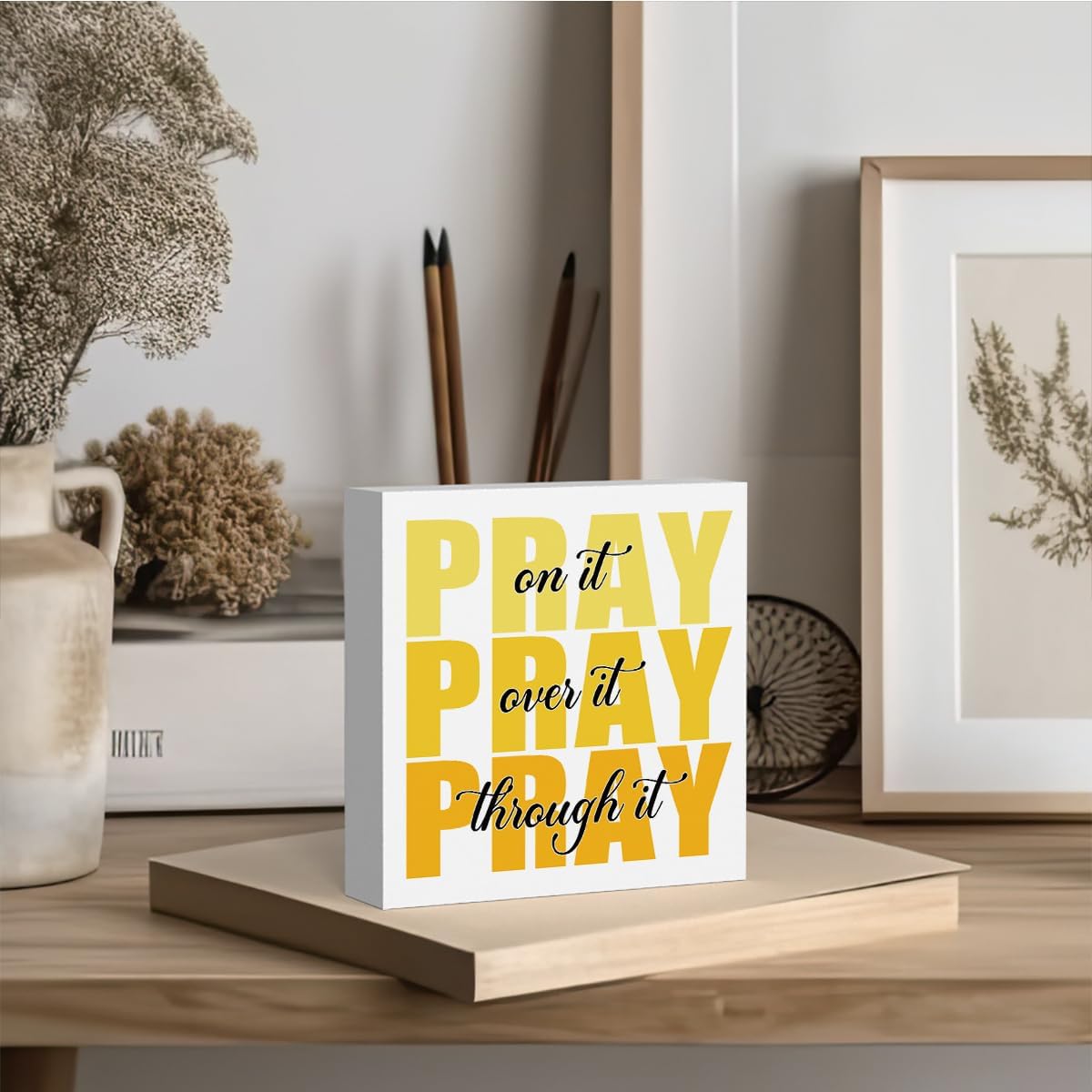 Inspirational Bathroom Room Decor, Christian Bible Desk Decoration, Accessories for Women Office, Dorm Decor Gifts for Women, Wooden Box Sign for Home Bedroom Table Shelf-Pray Through It(yellow)