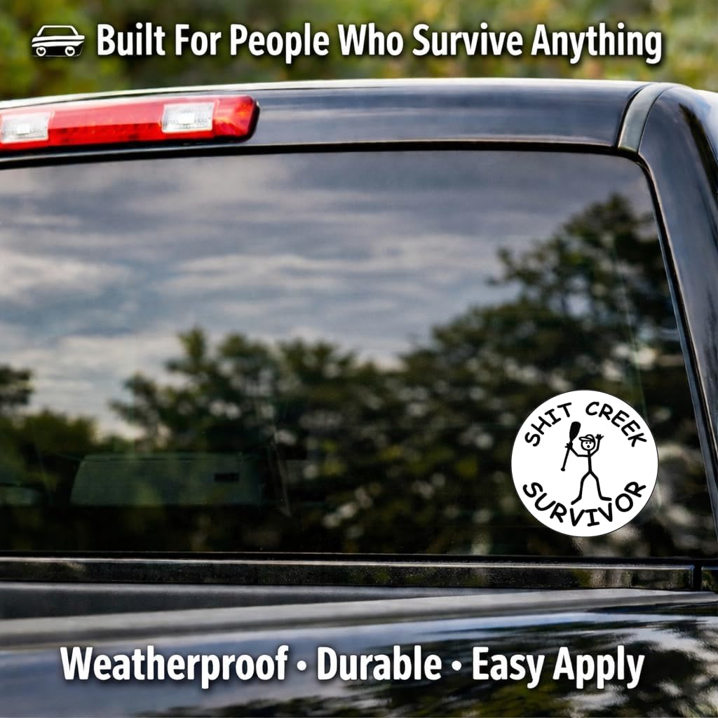 SH*T Creek Survivor Vinyl Decal – 5" Round Black & White Funny Survival Sticker – Waterproof Outdoor Vinyl for Car Windows, Bumpers, Laptop, Hard Hats, Toolboxes & Lockers
