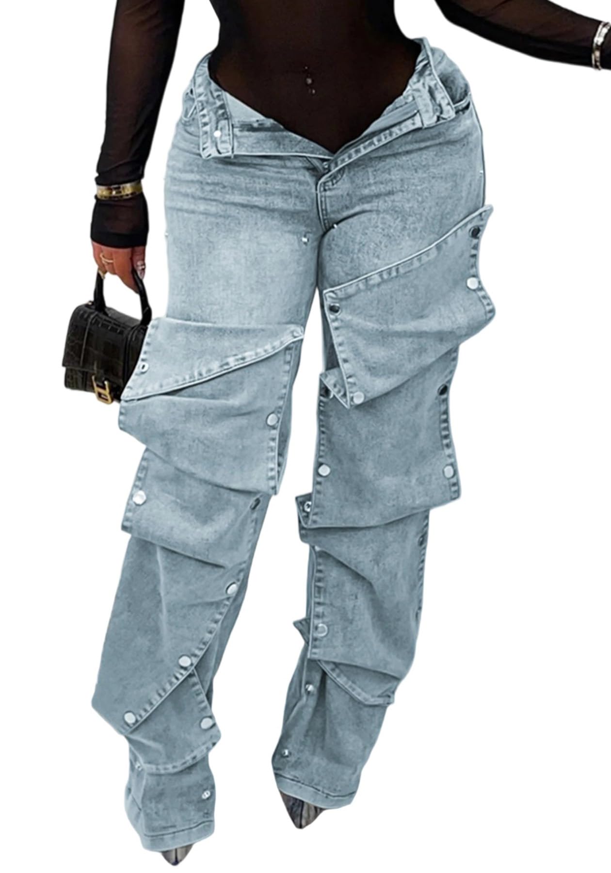Famnbro Womens Baggy Cargo Jeans Y2K High Waisted Straight Wide Leg Detachable Denim Jeans