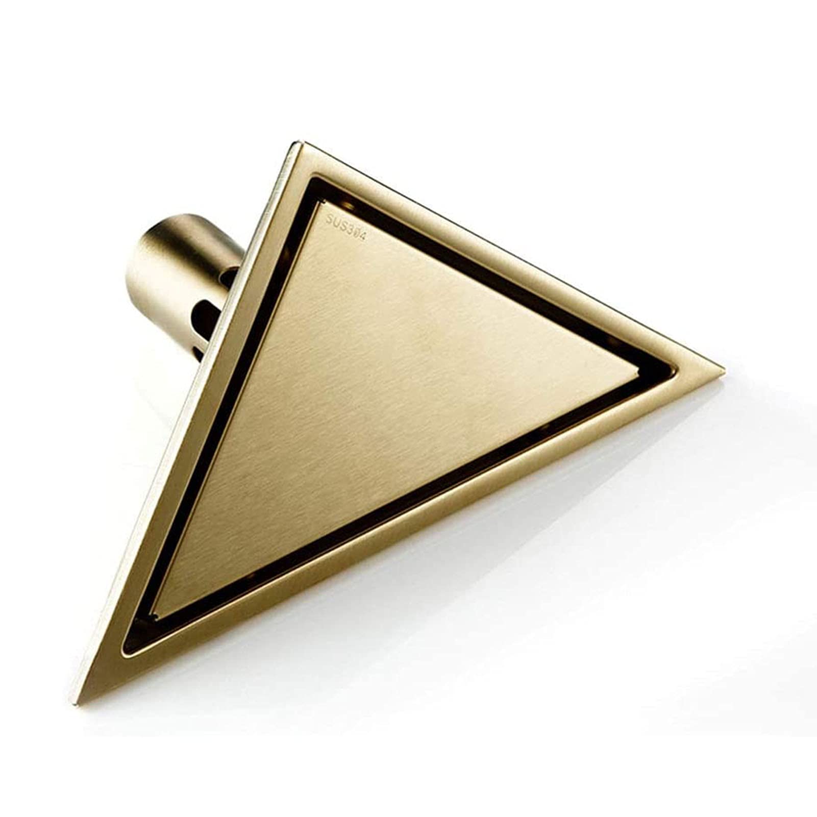 Scarico doccia, scarico a pavimento in acciaio inox per bagno, scarico a pavimento con inserto in piastrelle triangolari, scarico doccia con griglia rimovibile, filtro raccogli-capelli, oro spazzolato