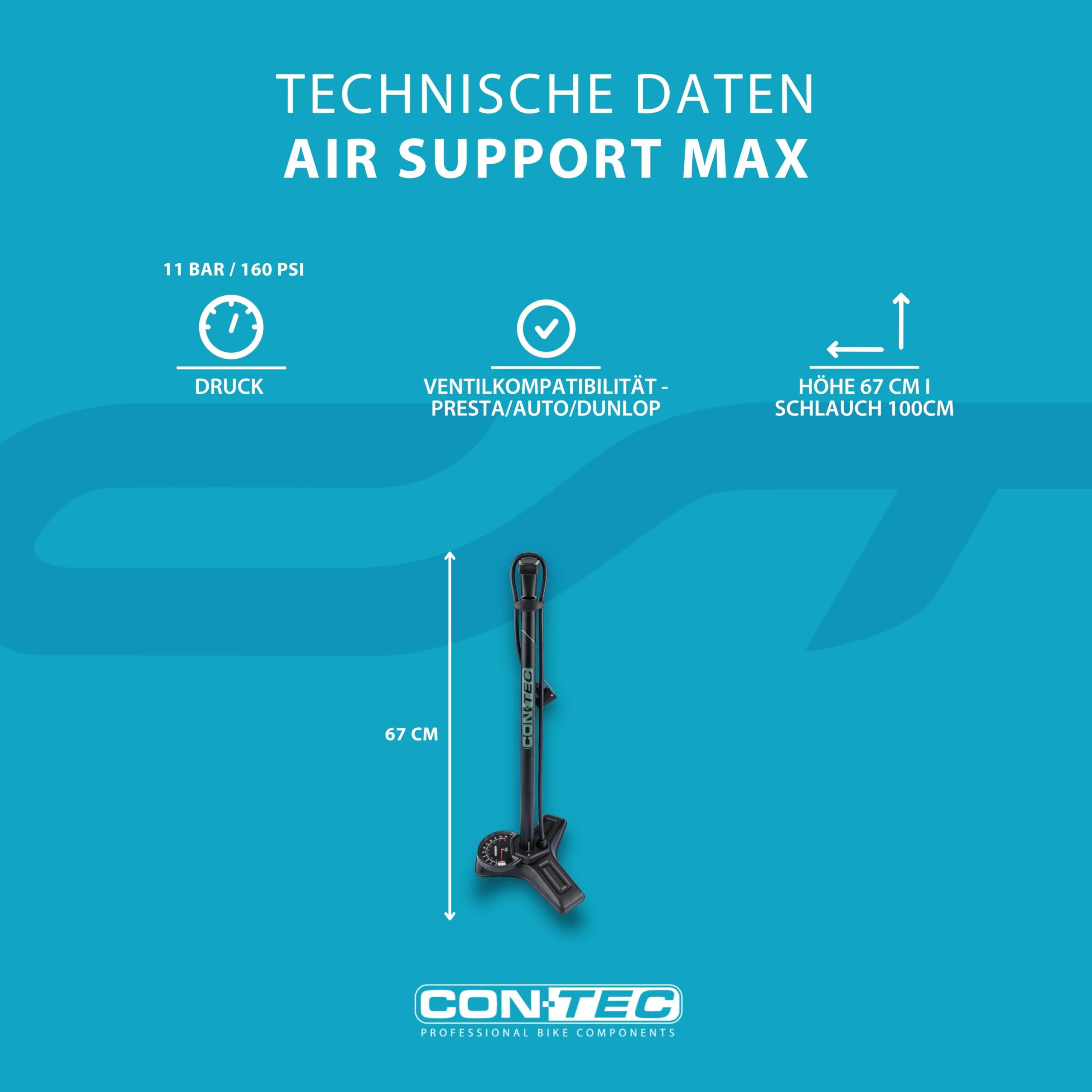 CONTEC Standpumpe Air Support Max, 67 cm, aus Stahl und Kunststoff, 11 bar/160 psi, für alle Ventile, inkl Ball- & Matratzenadapter, 1 Stück, schwarz/sage Green