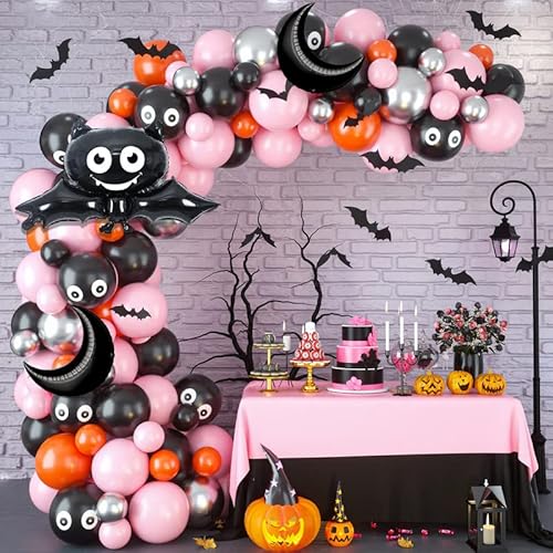 Arche Ballon Halloween, Ballon Orange et Rose Halloween, Kit Deco Halloween avec Ballon de Lune et Ballon de Chauve-souris, Guirlande Halloween pour Decoration Halloween Exterieur Intérieur Cover