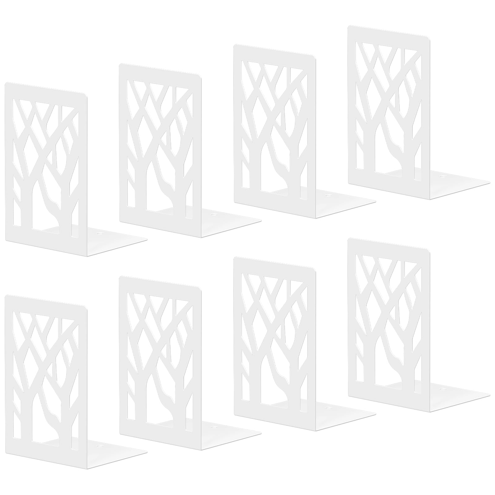White Bookends 8 Pack, Tree Design Modern Metal Bookends for Shelves, Unique Tree Book Ends Decorative Book Organizer for Desk, Decorative Shelve Book Stopper for Home Office