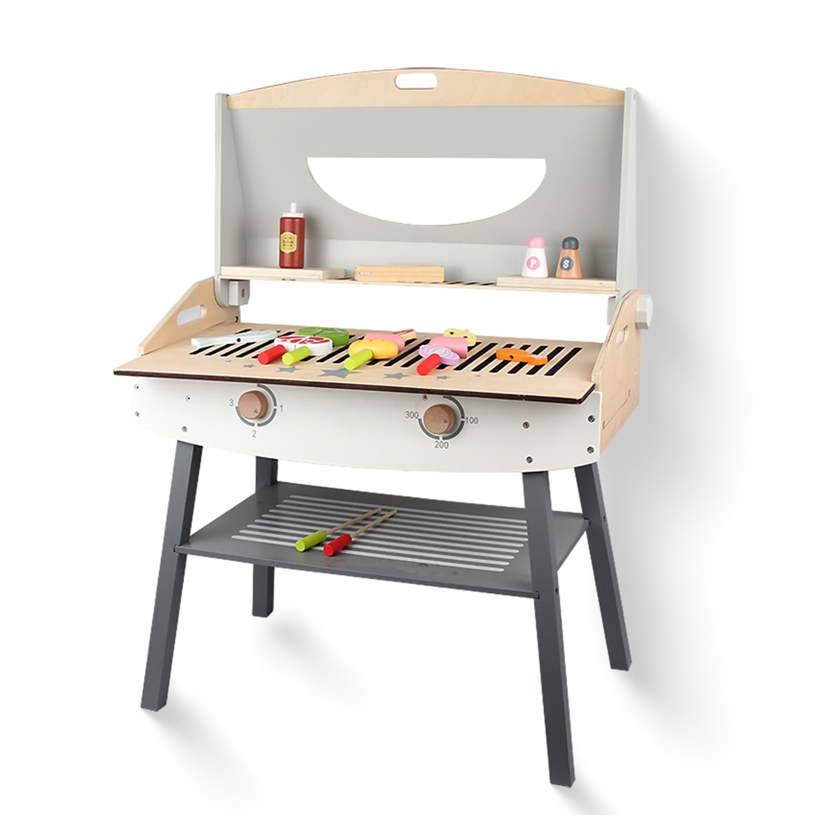 Wooden Pretend Barbecue Grill Play Set, Play Kitchen Set Cooking Gift for Girls and Boys - Best for 3 4 5 Year Old Kids