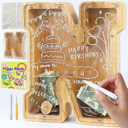 Mikytoper Letter Money Box for Kids Large Wooden Personalized A-Z Piggy Bank Clear Alphabet Money Bank Coin Bank for Gift Decoration Baptism (N)