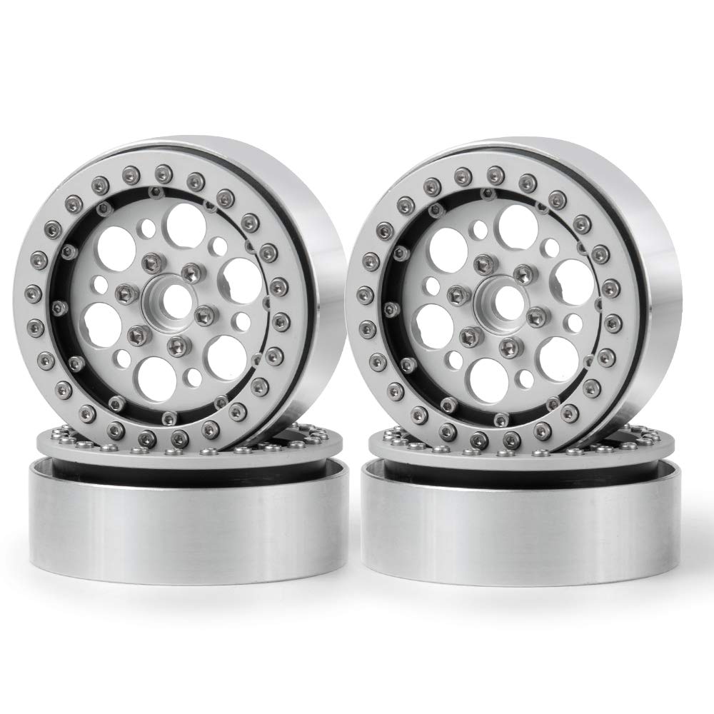 QUE-T 1.9inch RC Rock Crawler Metal Beadlock Wheel Rims for TRX4 SCX10 90046 D90 Pack of 4 (Silver + Black)