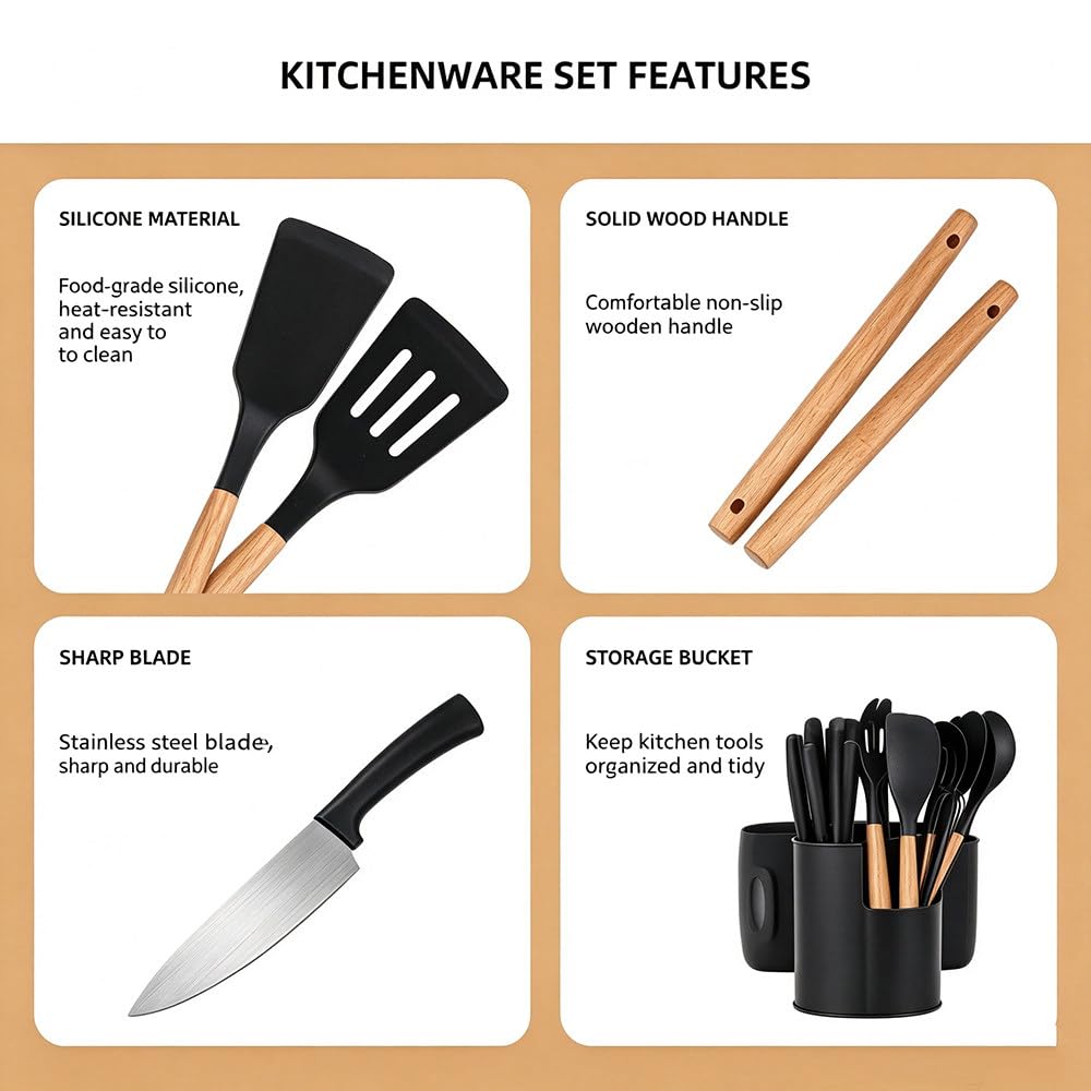 Set di 19 Utensili da Cucina in Silicone con Coltelli in Acciaio Inox E Supporto, Kit di Strumenti Antiaderenti con Manico in Legno per La Cucina Domestica Quotidiana off-White