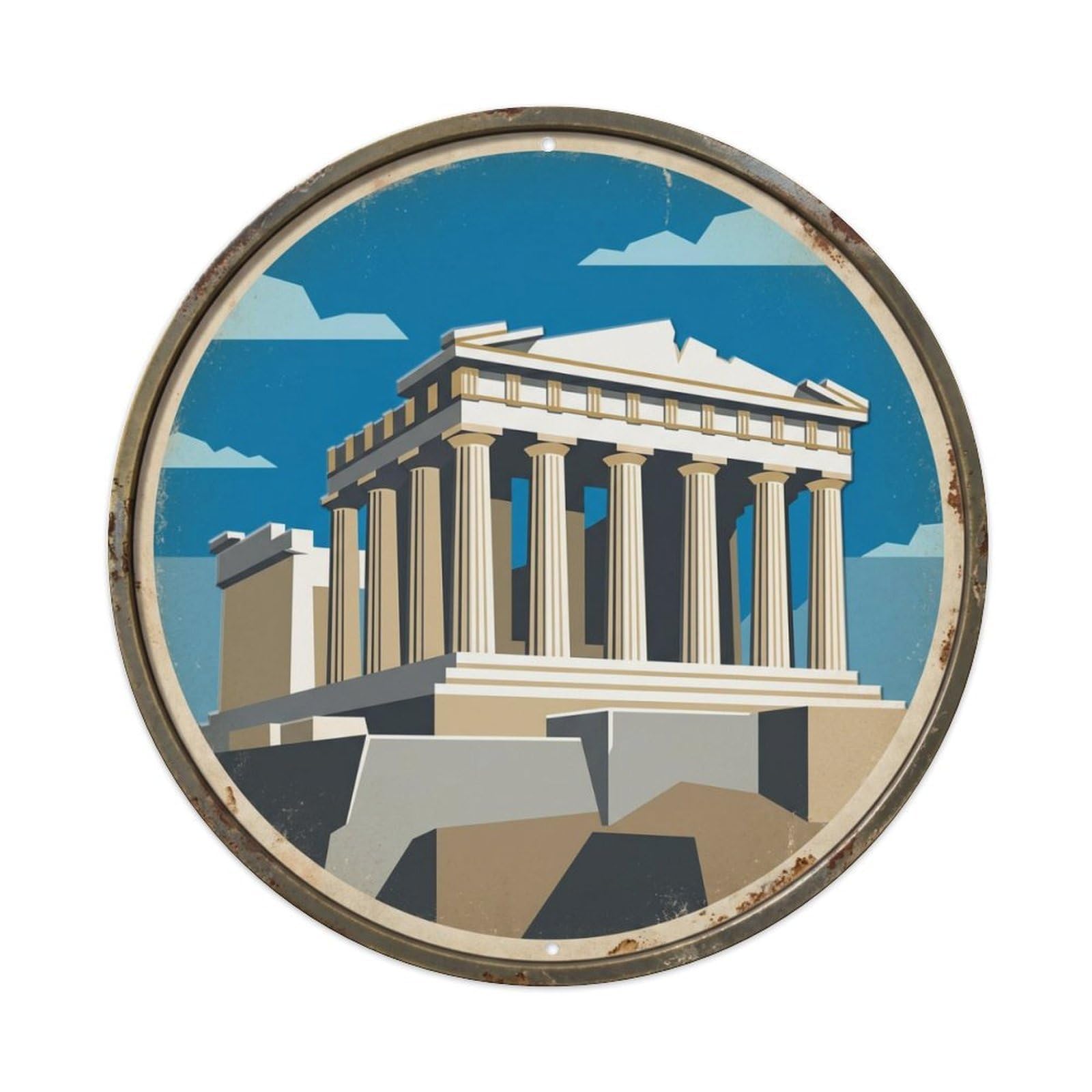 Acropolis Ancient Temple Travel Metal Tin Sign Plaque Wall Decor for Cafe, Club Bar, Office, Home Garden Round Metal Poster 8x8Inch
