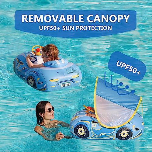 Image of Baby Pool Float with Canopy, PVC Baby Swim Float with Sun Shade Cover, 3D Car Toddler Pool Float Swimming Floats Seat Boat for 12-18, 12-24 Months, Age 2-3, 3+ Years (Blue Canopy)
