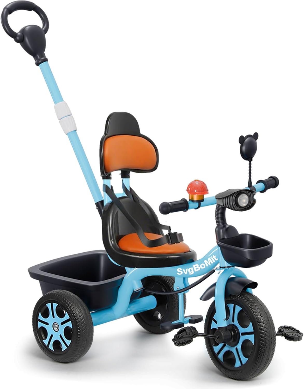 2 in 1 Toddler Tricycle with Adjustable Parent Push Handle, Bell, Mirror, Windmill, Floating Belt for Kids, Musical Lights, 3 Wheeled Stroller Gift for Kids 2-5 Years (EVA Wheels) (Blue)