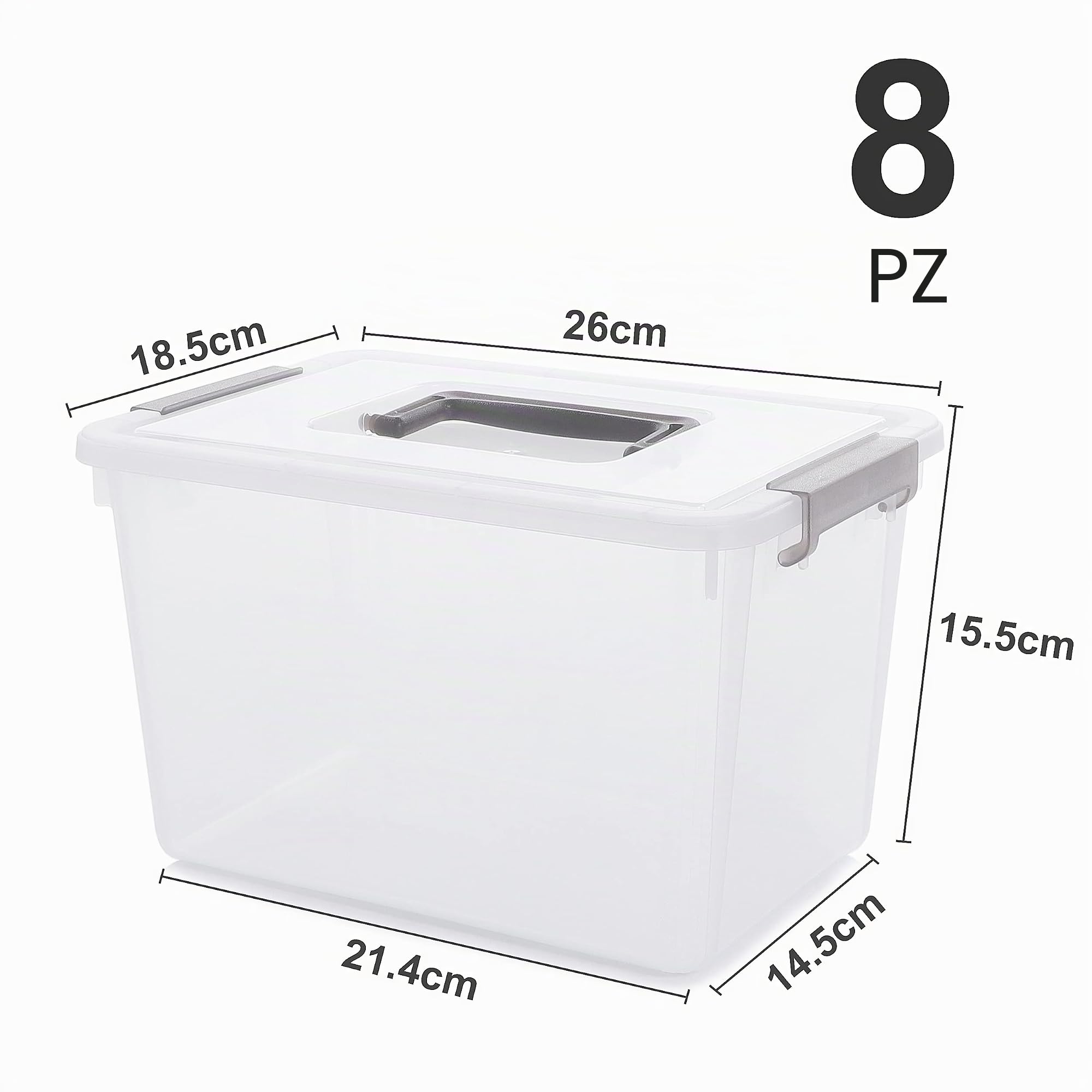 Citylife Set di 8 contenitori da 5 l con coperchio e clip di chiusura, manico impilabile, scatola trasparente, per soggiorno, camera da letto, garage, 21,4 x 14,5 x 15,5 cm