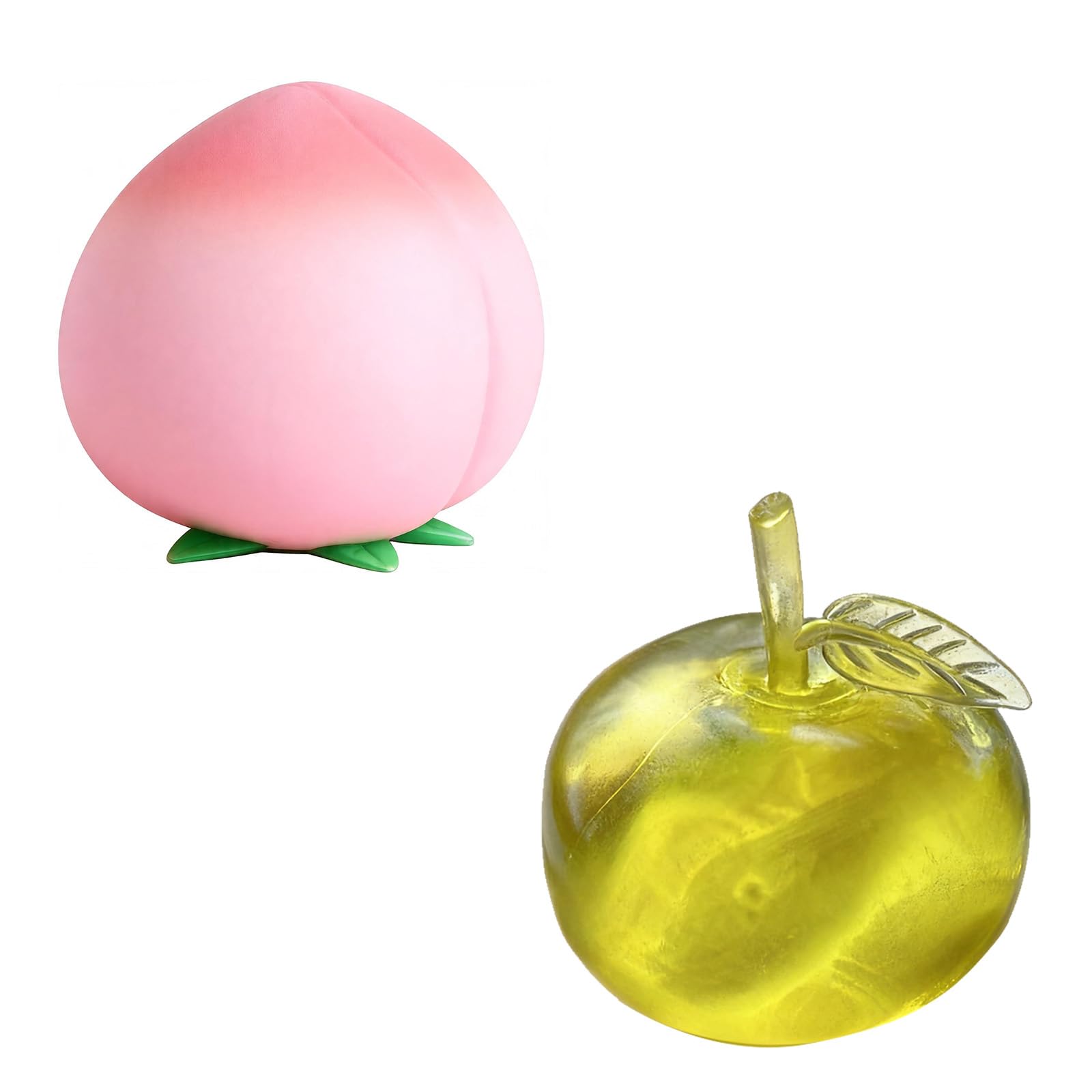 2Pcs Peach Squishy and Green Apple Squishy Stress Ball, Realistic Fruits Squis Stress-Relief Slow Rising Squishies, Cute Appearance Compact and Lightweight, for Desk Decor Toy Party Favors