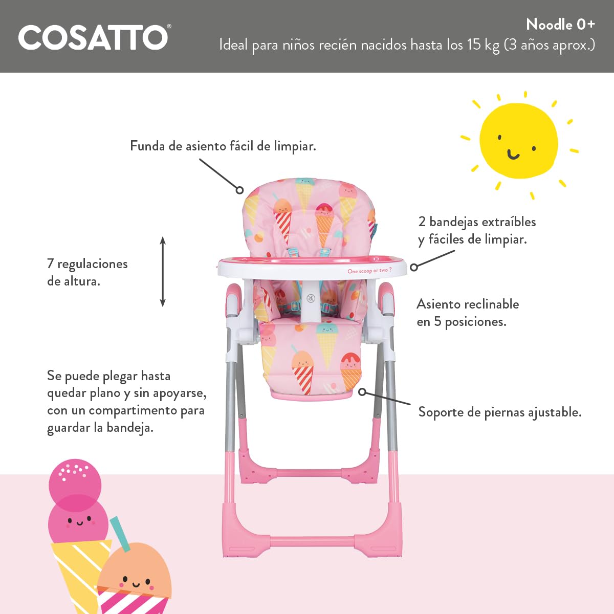 COSATTO Noodle 0+ Trona Bebé - 0 hasta 15 Kilos, Trona Portátil Bebé, Compacta, Regulable en Altura, Silla para Comer Bebé Plegable con 2 Bandejas Extraíbles Fácil de Limpiar, Trona Reclinable