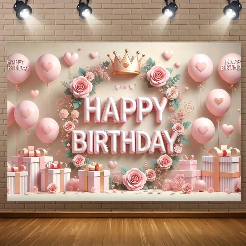 Image of Elegant Light Pink Happy Birthday Party Decoration Backdrop with Floral, Balloons, and Gift Accents (Pack of 1)