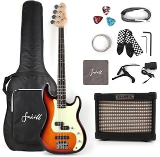 Fojill Full Size 4 Four String Electric Bass Guitar 10W Battery Bluetooth Power Amplifier Amp Right Hand Beginner Starter Kit Set Combo Bundle Accessory Bag,Strap,Picks,Capo,Cable,Strings(Sunburst)