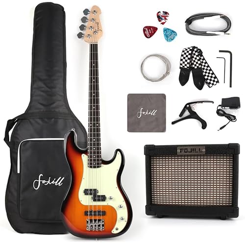 Full Size 4 Four String Electric Bass Guitar 10W Battery Bluetooth Power Amplifier Amp Right Hand Beginner Starter Kit Set Combo Bundle Accessory Bag,Strap,Picks,Capo,Cable,Strings(Sunburst)