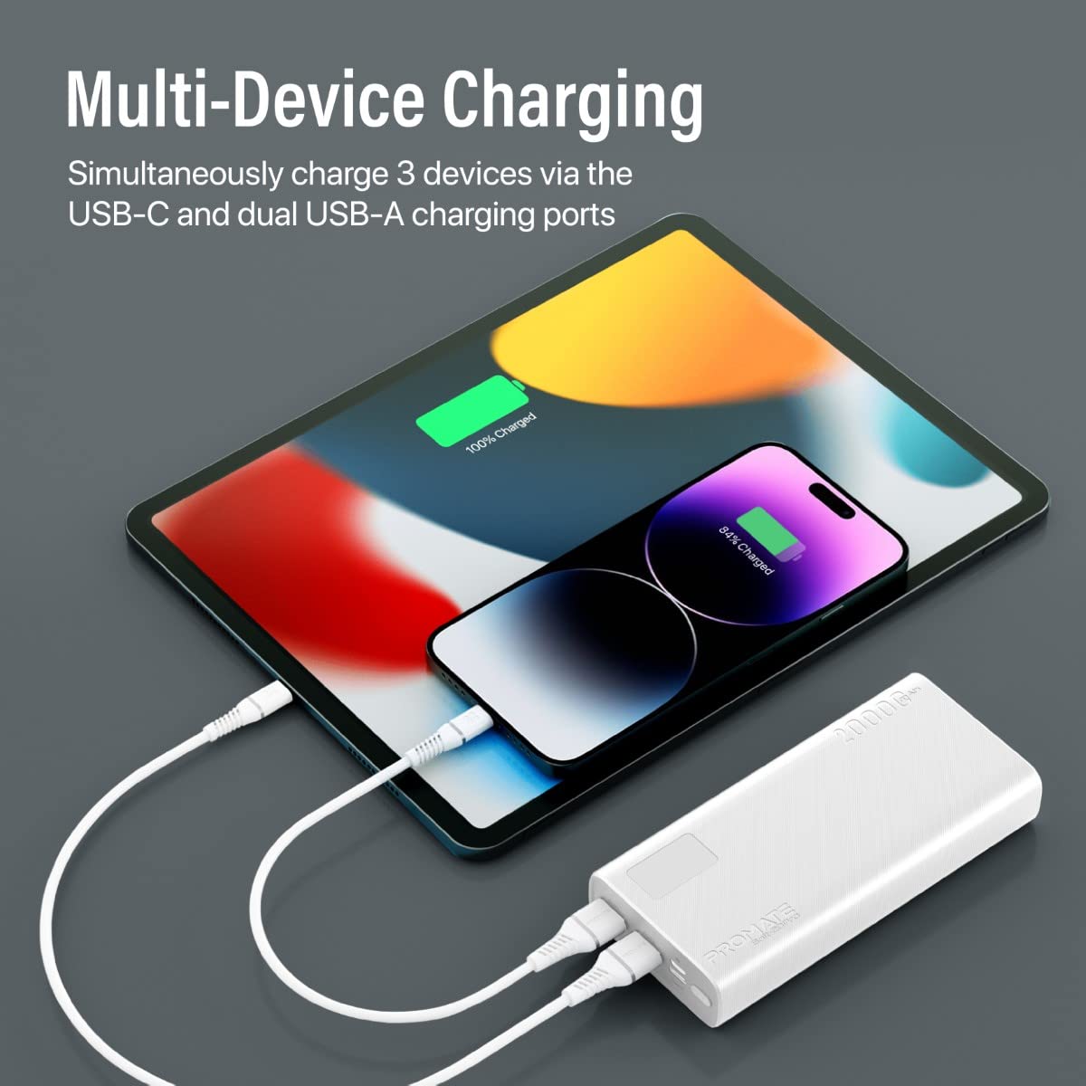 Zewnętrzna bateria Bolt-20Pro Powerbank Ultra-Slim 20000mAh 3-w-1 Dwa porty USB-A Port USB-C 10 W Inteligentny wyświetlacz LED Wielofunkcyjna ochrona Biały