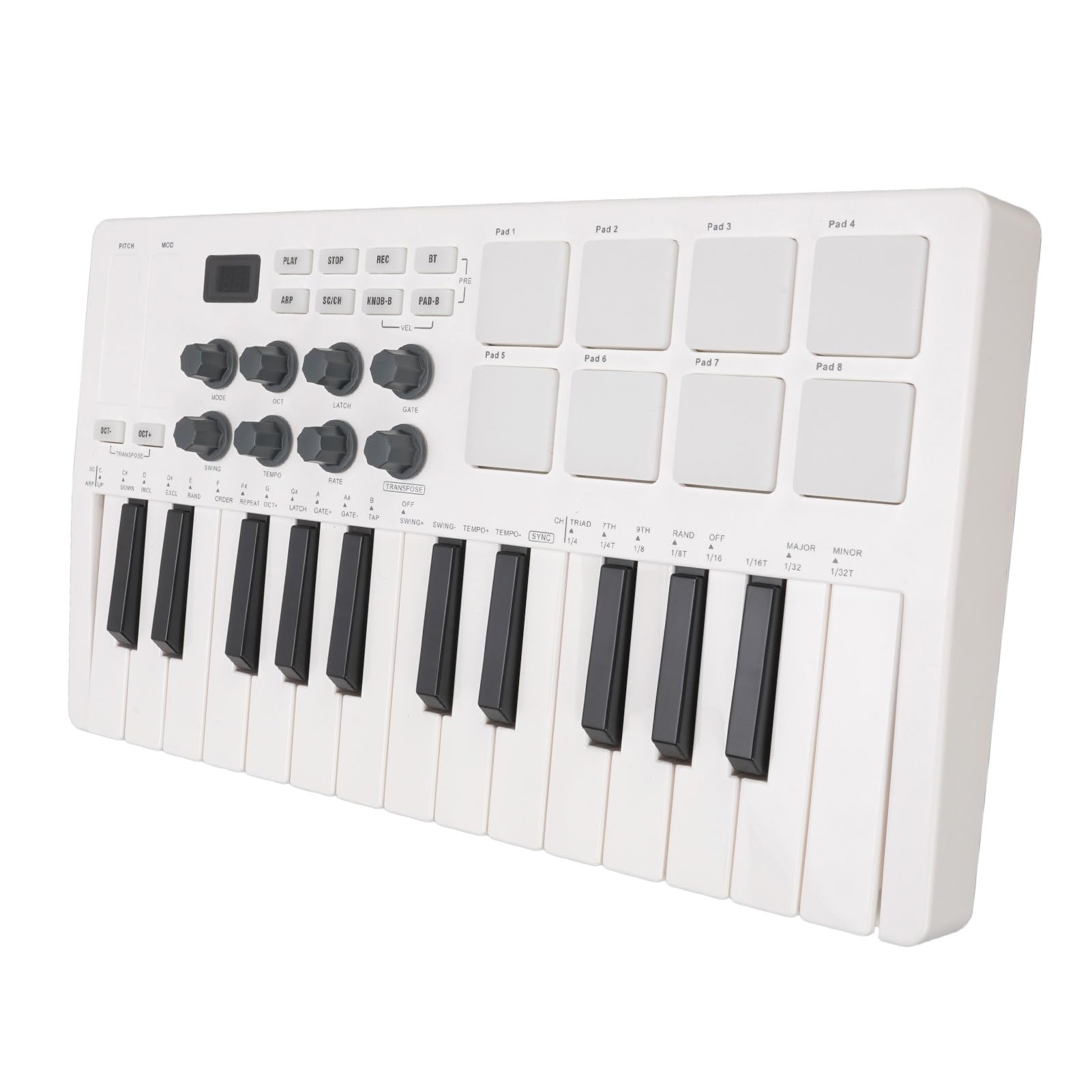 25 Kluczowy Kontroler Klawiatury MIDI, Przenośny Kontroler Klawiatury MIDI Bluetooth z 8 Podświetlonymi Podkładkami Perkusyjnymi z 8 Przypisanymi Pokrętłami 360 Stopni i