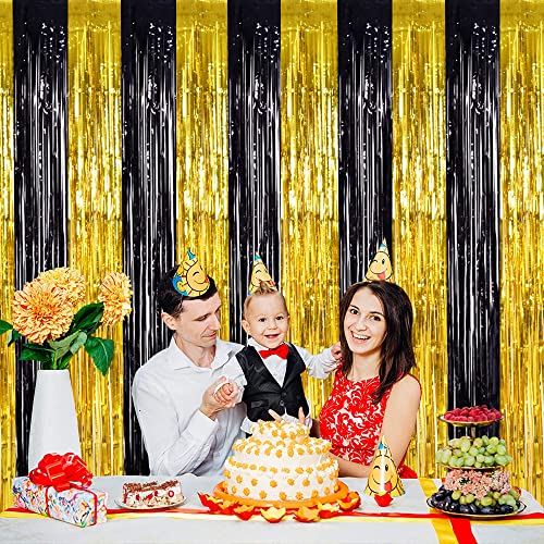 Image of TONIFUL 2Pcs Black Gold Door Streamers,Photo Booth Backdrop Metallic Streamers Foil Fringe Curtains for Birthday,Christmas,New Year,Bachelorette,Grad Party Streamers Decor(6.6ft x 6.6ft)